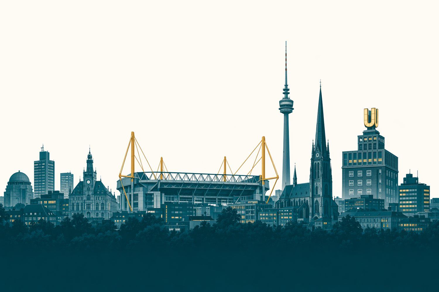 Skyline von Dortmund mit Signal Iduna Park, Florianturm, Reinoldikirche und dem Dortmunder U